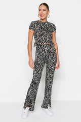 Black Zebra Pattern Slit Detailed High Waist Straigth Knitted Pants Twoss22pl0243