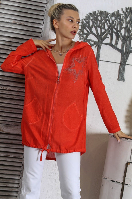 White Buttoned Long Sleeve Star Printed Zipper Double Pockets Stone Woven Hooded Jacket M10210100ce9