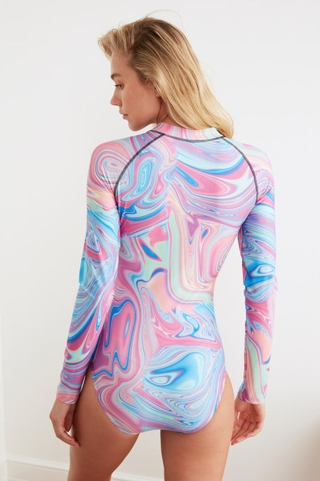 Abstract Patterned Zipper Long Sleeve Surf Swimsuit Tbess21ma0034