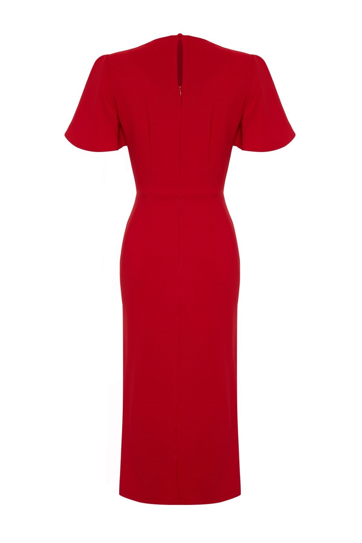 Red Straight Cut Ruffle Midi Woven Dress Twoss24el00713