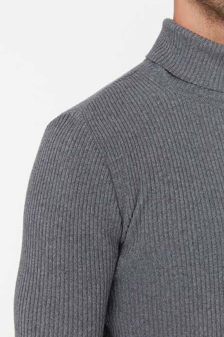 Grey Men's Slim Fit Turtleneck Ribbed Knit Basic Sweater Tmnaw20mg0031