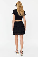 Black Pleated Skirt Ruffle Chiffon Mini Woven Skirt Twoss24et00047