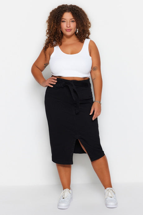 Black Belted High Waist Slit Plain Skirt Tbbss23az00017