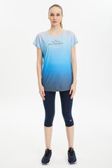 Women's Blue Quick Drying Lightweight Workout Low Sleeve Loose Back Long Printed Sports T-shirt 0686