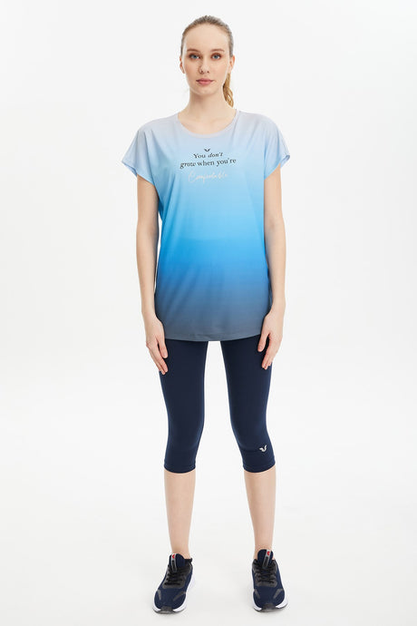 Women's Blue Quick Drying Lightweight Workout Low Sleeve Loose Back Long Printed Sports T-shirt 0686