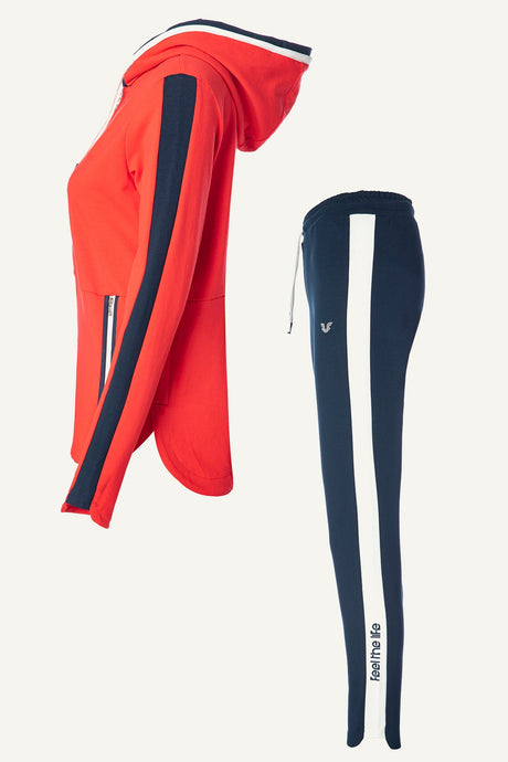 Women's Red Hooded Pocket Casual And Sports Tracksuit Bottom, Top Set 6186 Tycvoyeczn169536565128852