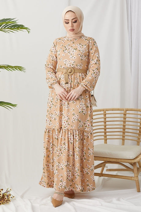 Lesa Floral Straw Belt Dress - Beige Ms00an9991