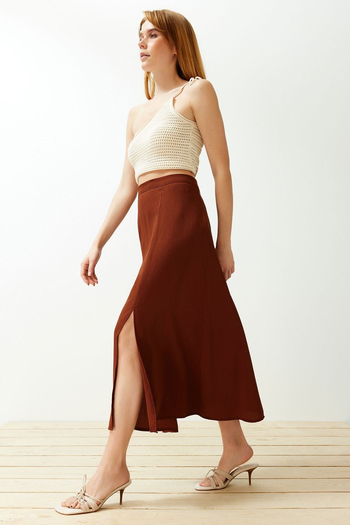 Tile Textured Fabric Slit Detailed Woven Midi Skirt Twoss24et00127