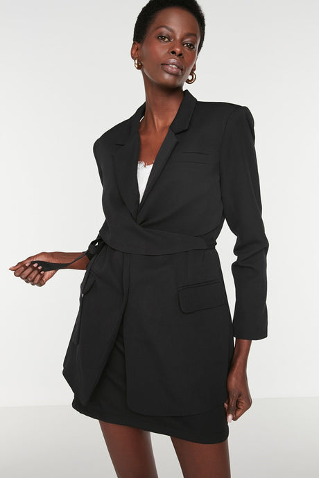 Black Belted Regular Lined Double-breasted Closure Woven Blazer Jacket Twoaw21ce0320