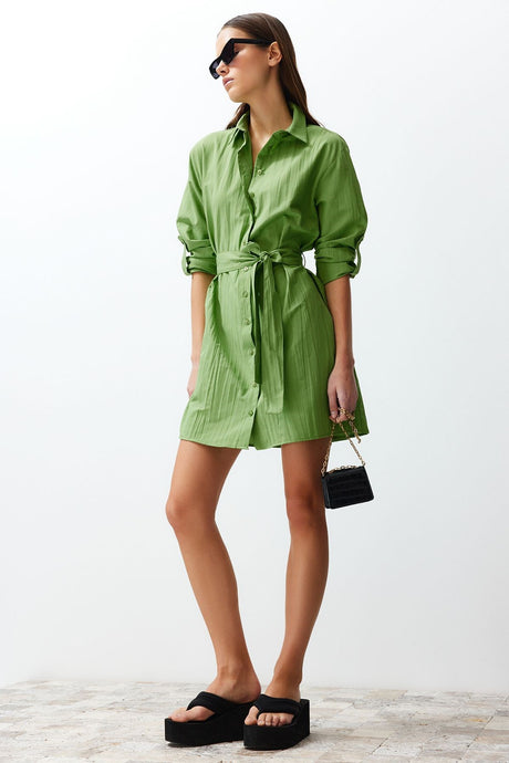 Green Belted Fabric Textured Mini Woven Shirt Dress Twoss24el00316