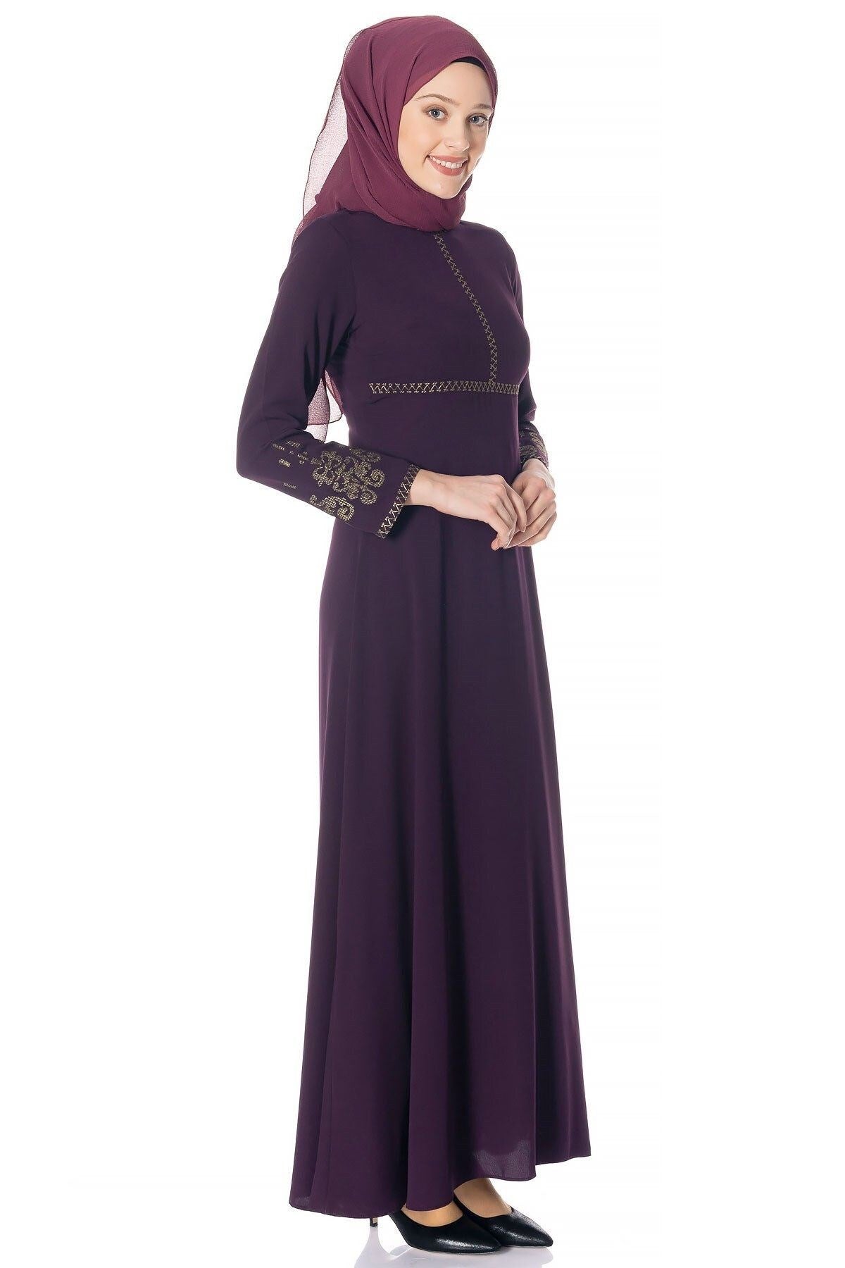 Purple Hijab Dress With Sleeve Cross Stitch Embroidery 749 T18elb3m749