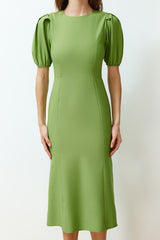 Green Body Wrapping Balloon Sleeve Midi Woven Dress Twoss24el00502