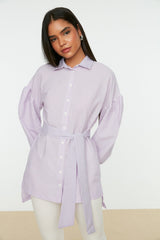 Blue Striped Belted Balloon Sleeve Back Long Woven Shirt Tctss22go0116