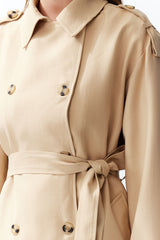 Beige Oversize Wide Cut Soft Textured Belted Long Trench Coat Twoss24tr00026