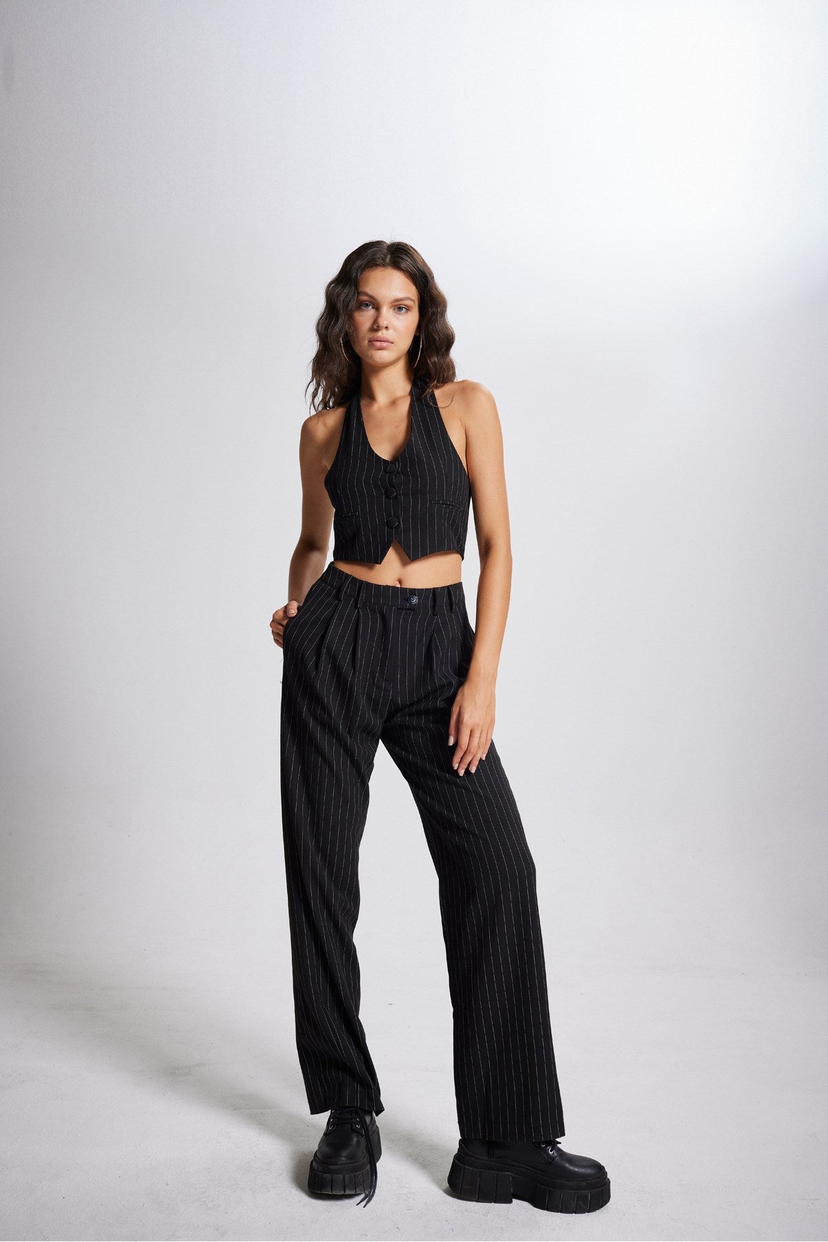 High Waist Fabric Striped Pants Black Hlstripedpants