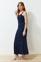 Navy Blue Patterned Strappy Body-fitting Ribbed Flexible Knitted Maxi Pencil Dress Twoss24el00682