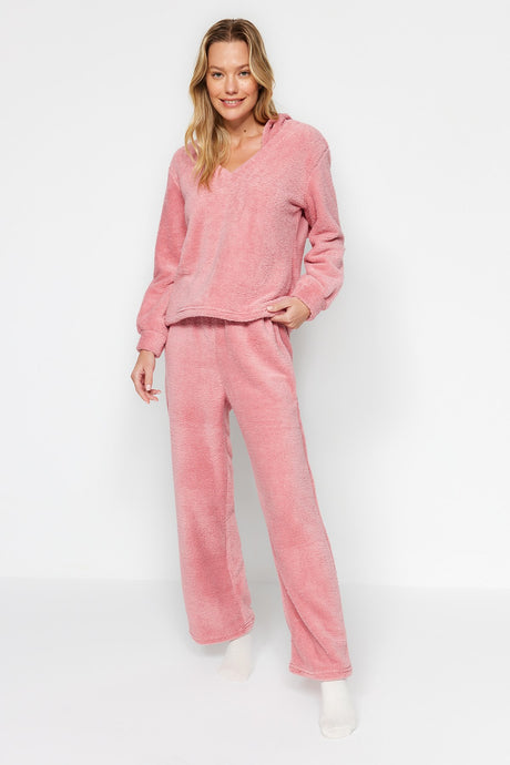 Pink Wellsoft Hooded Ear Detailed Sweatshirt-pants Knitted Pajama Set Thmaw24pt00030