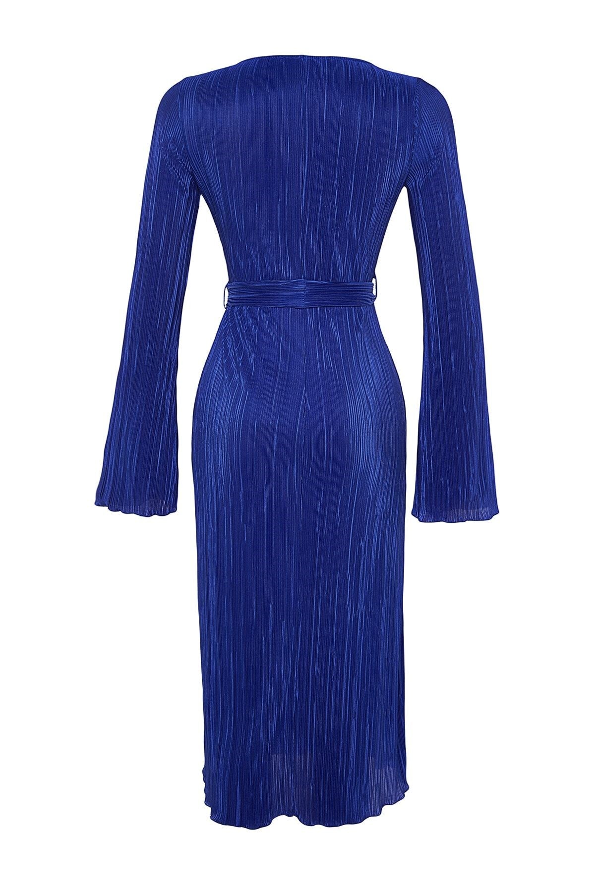 Navy Blue Premium Pleated Fabric Flare Sleeve Detailed A-line Midi Knit Dress Twoaw24el00125