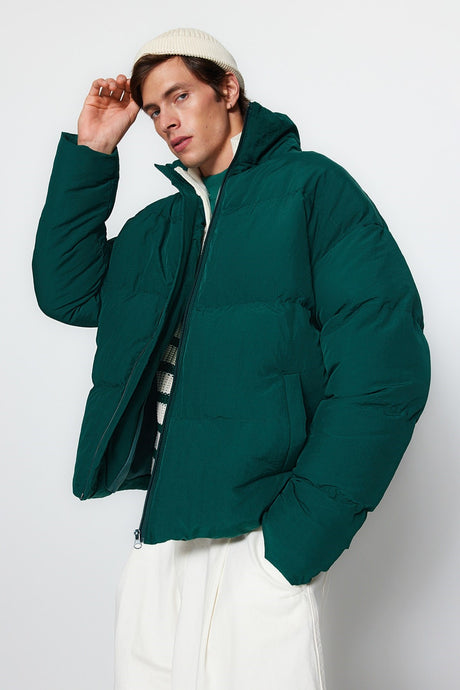 Green Unisex Oversize Fit Straight Collar Inflatable Coat Tmnaw24mo00003