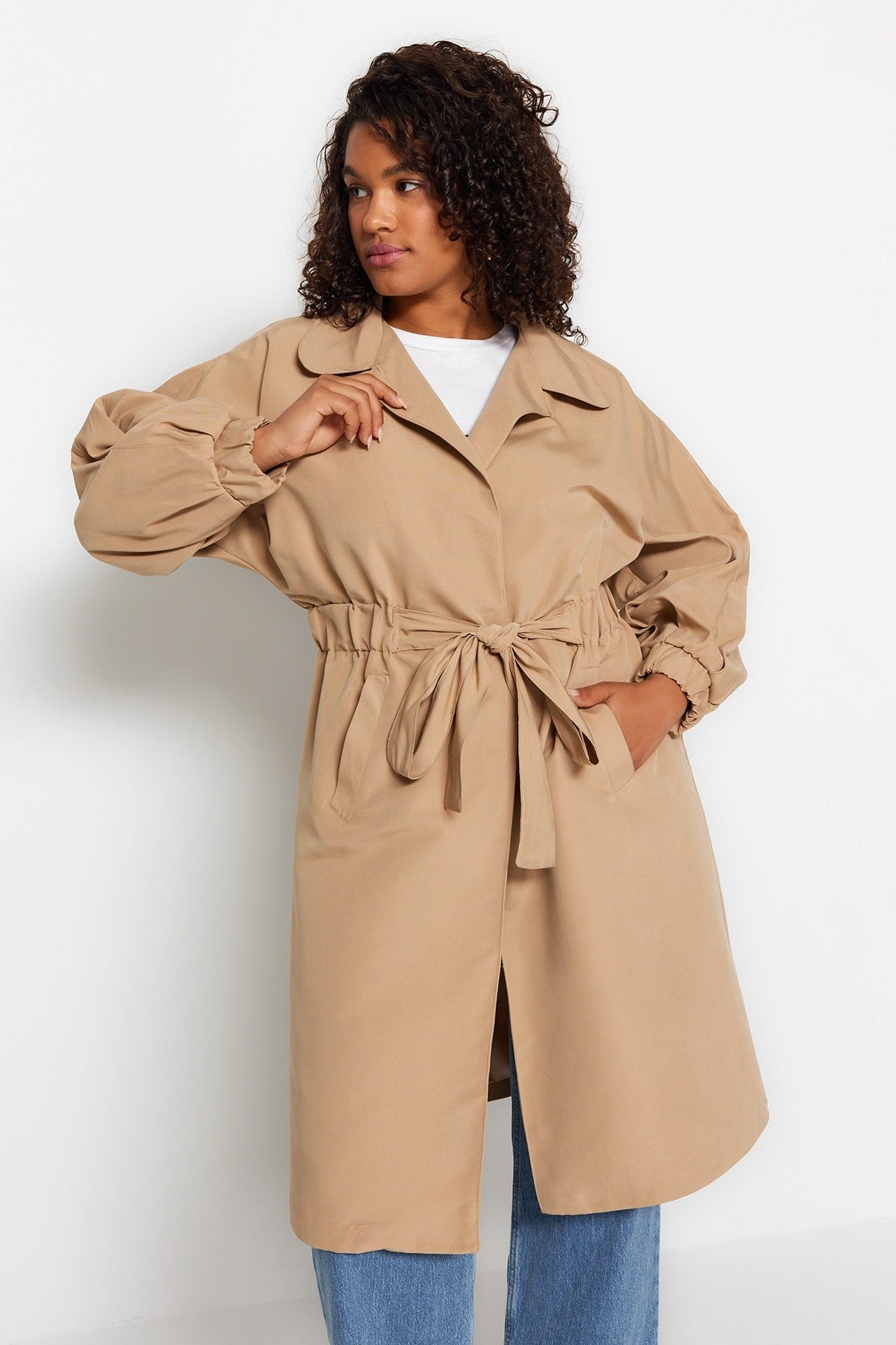 Brown Waist Belted Trench Coat Tbbaw24bm00001