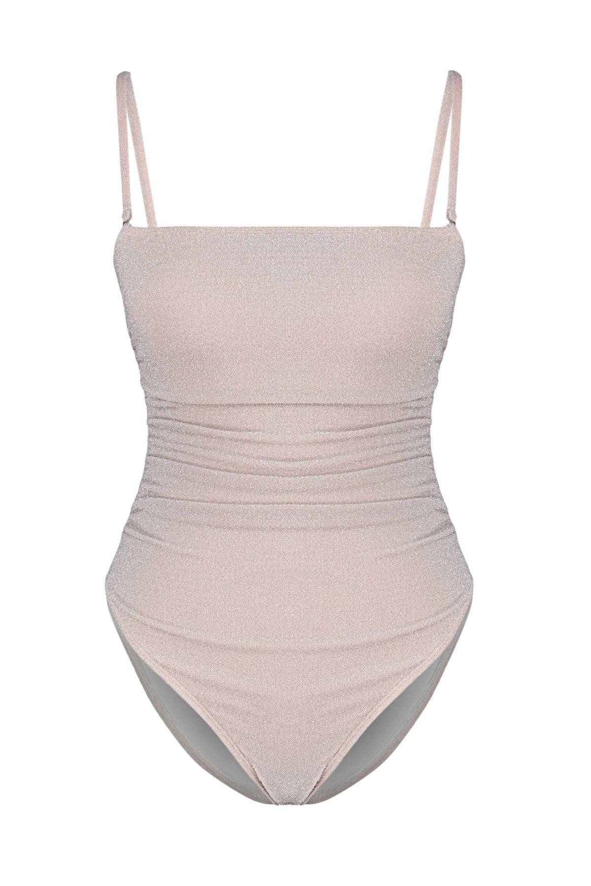 Pink Strapless Draped Silvery High Leg Regular Swimsuit Tbess23ma00406