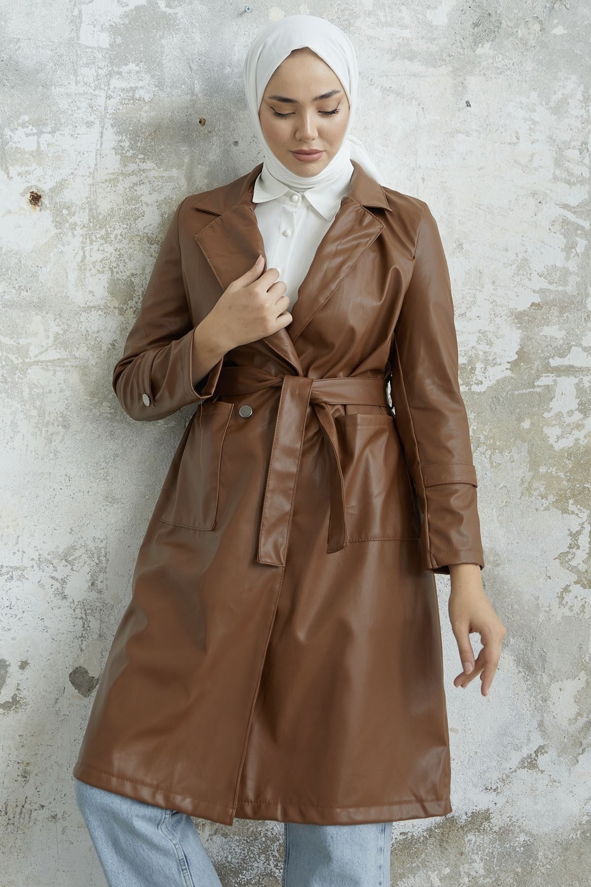 Ayora Double Breasted Collar Leather Trench - Taba Ms00or9834