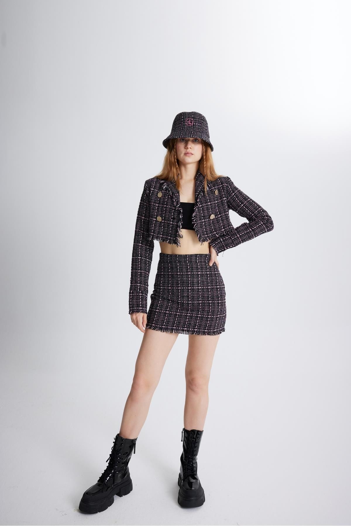 Tweed Fabric Mini Tweed Skirt Black Hlfw24-00004