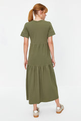 Khaki Ruffle Short Sleeve Knitted Maxi Dress Twoss24el00132