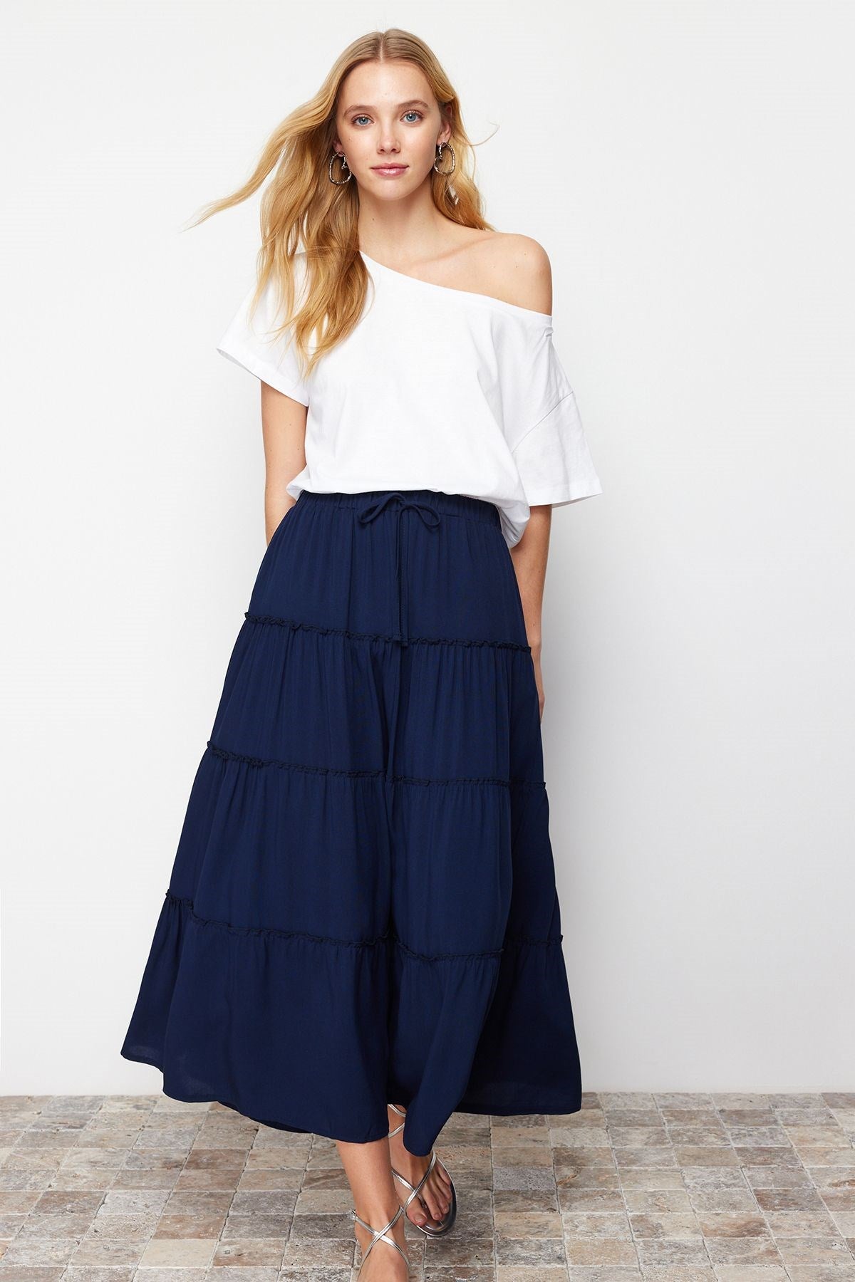 Navy Blue Waist Ruffle Detail Flared Maxi Length Woven Skirt Twoss24et00098