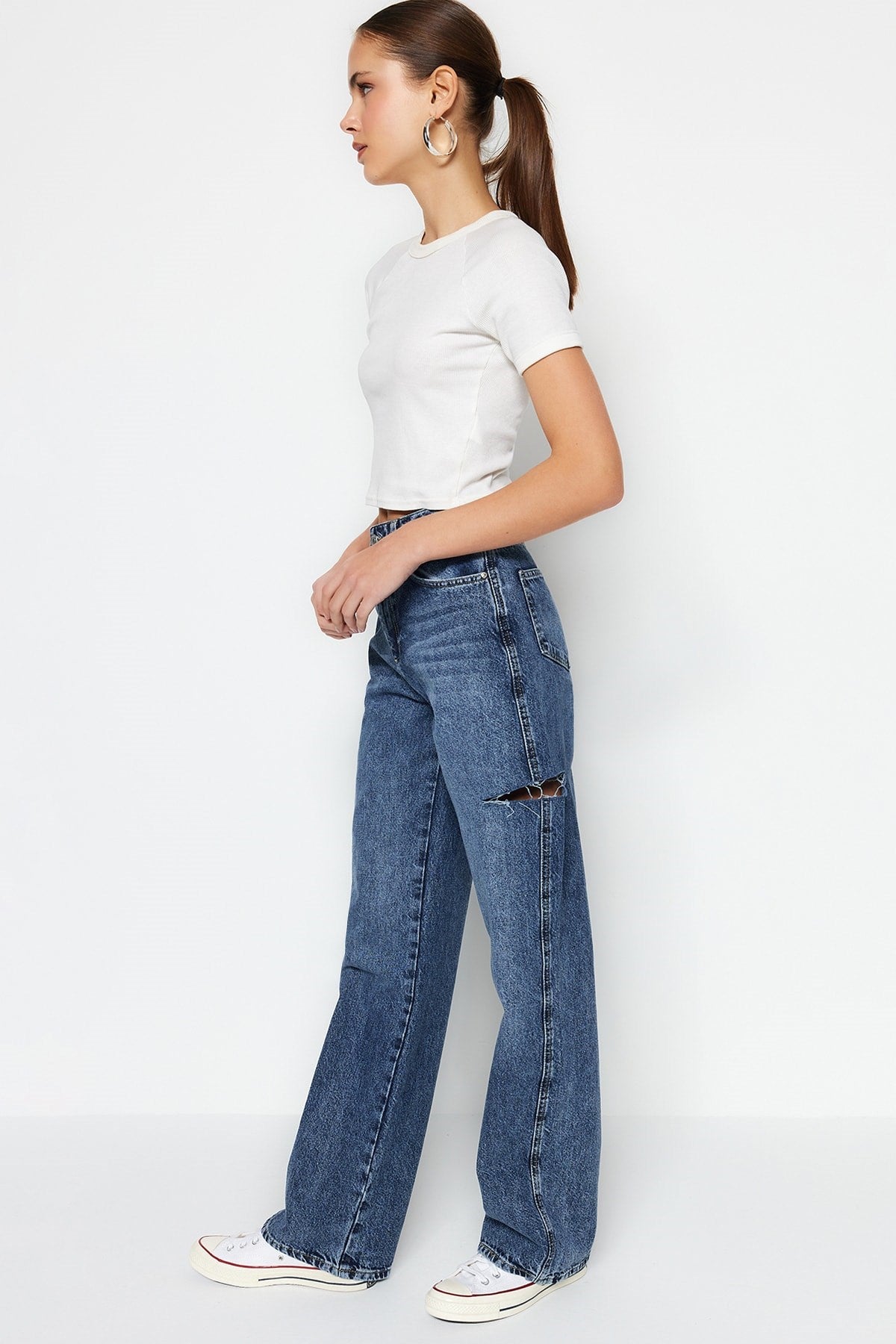 Dark Blue Ripped High Waist Wide Leg Jeans Twoss23je00142