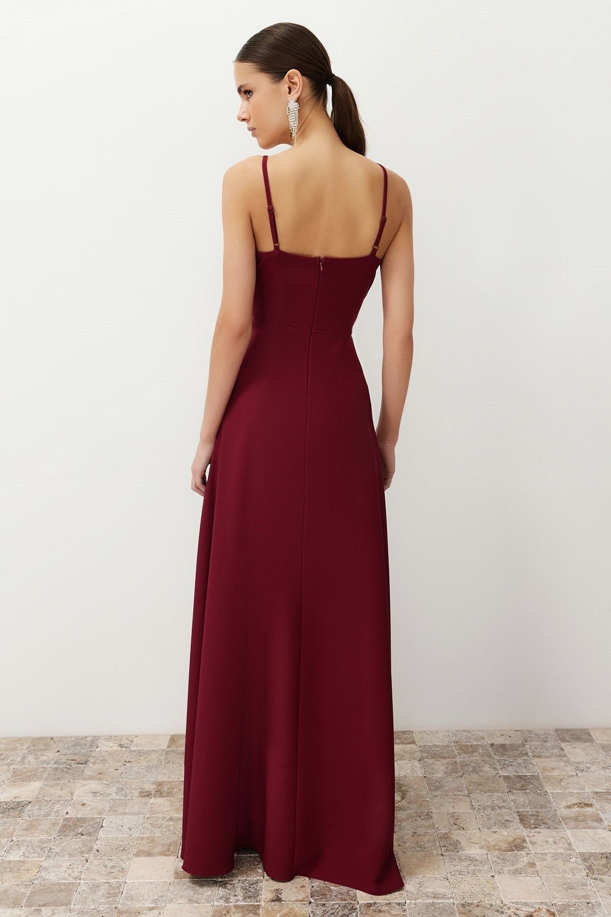 Burgundy Woven Long Elegant Evening Dress Tprss24ae00121