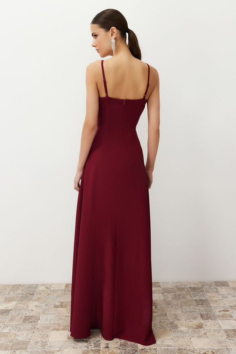 Burgundy Woven Long Elegant Evening Dress Tprss24ae00121