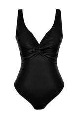 Black V Neck Knotted Regular Swimsuit Tbess24ma00014