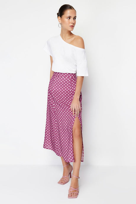 Black Polka Dot Slit Detail Viscose Fabric Midi Woven Skirt Twoaw20et0205