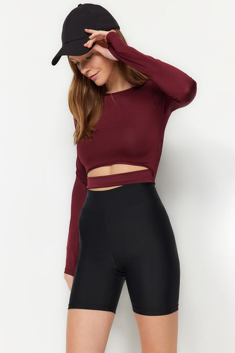 Black Crop Window/cut Out And Thumb Hole Detailed Sports Blouse Twoaw21bz0156