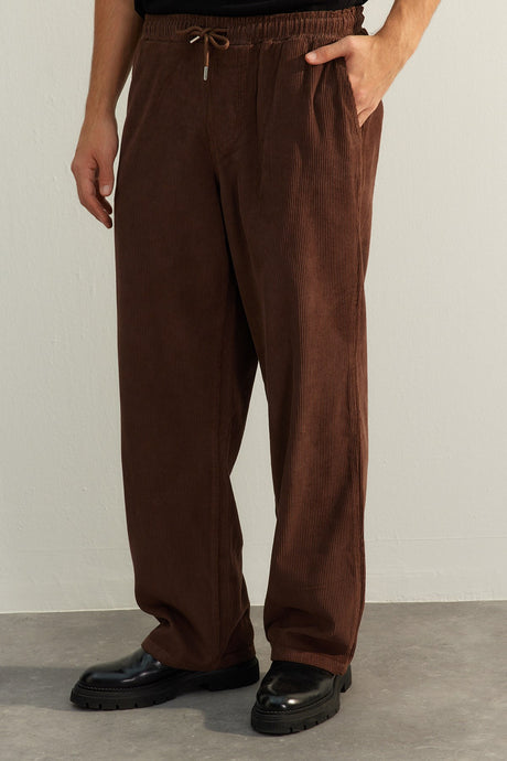 Limited Edition Brown Mens Velvet Wide Leg Pants Tmnaw24pl00009