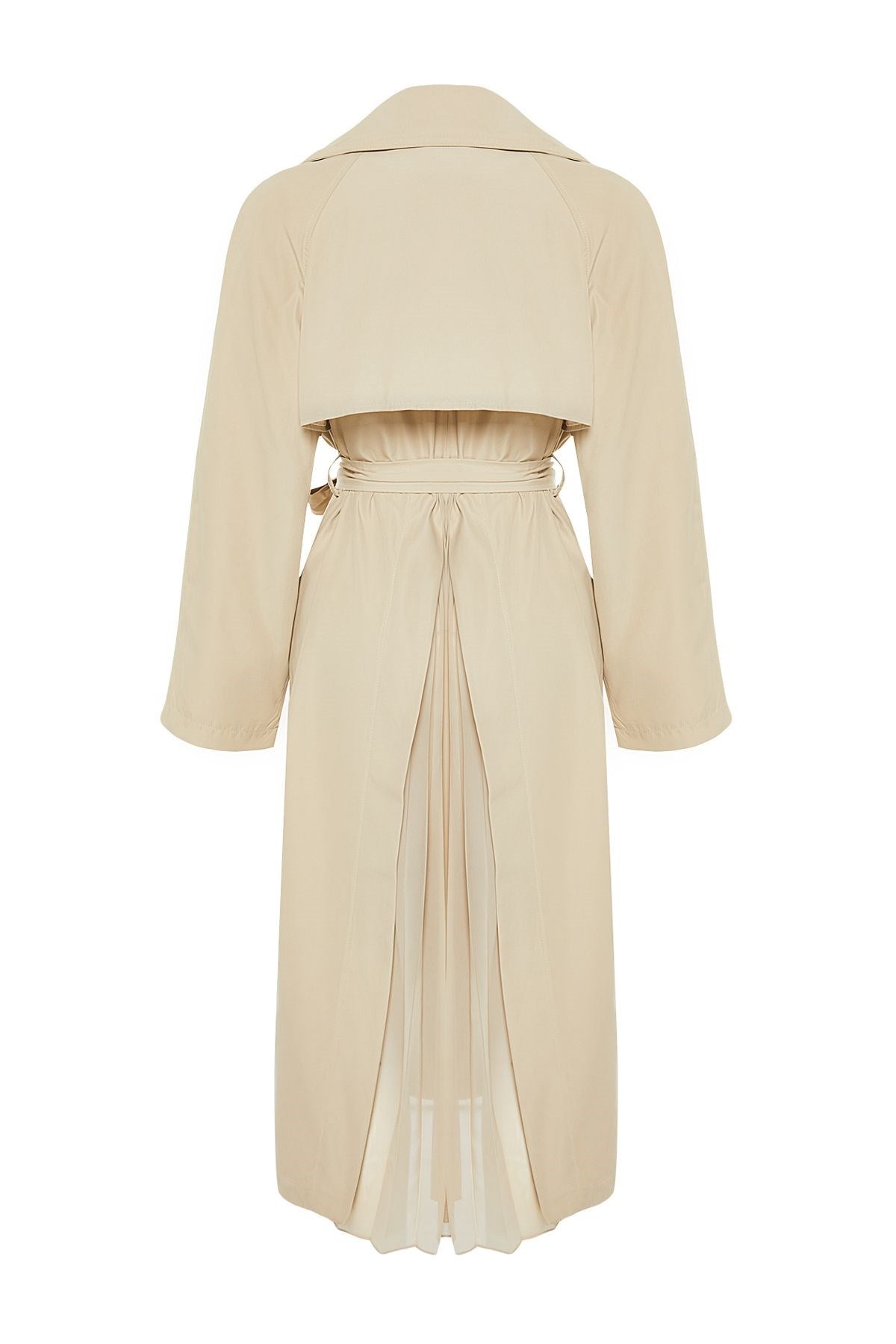 Beige Oversize Wide Cut Chiffon Detailed Pleated Trench Coat Twoss24tr00019