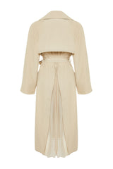 Beige Oversize Wide Cut Chiffon Detailed Pleated Trench Coat Twoss24tr00019