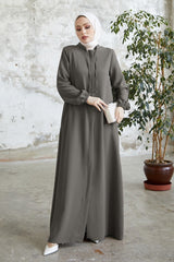 Hidden Patched Abaya With Lace-up Collar - Black Ms00tp00054