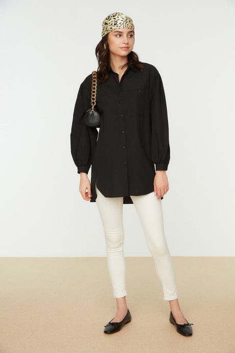 White Balloon Sleeve Back Long Pocket Detailed Basic Woven Shirt Tctss21go0976