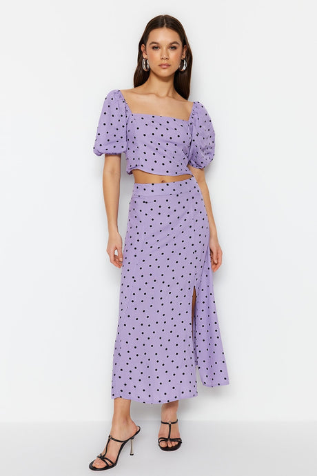 Lilac Polka Dot Slit Midi Viscose Woven Bottom Top Suit Twoss20au0097