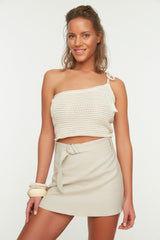 Beige Belted Mini Woven Skirt Tbess21et0124