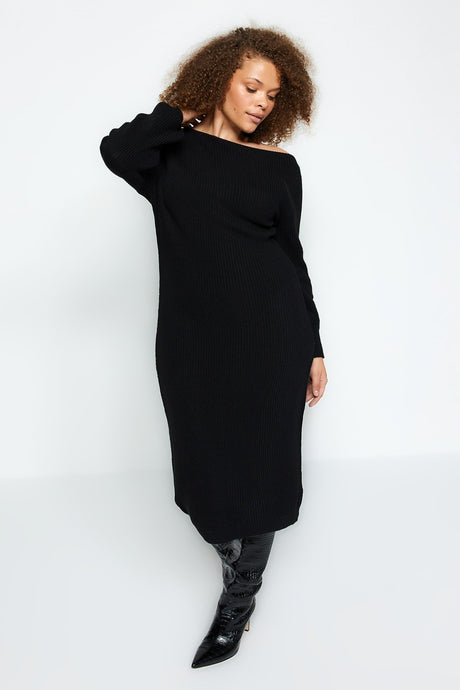 Black Asymmetric Detailed Knitwear Dress Tbbaw24ah00002