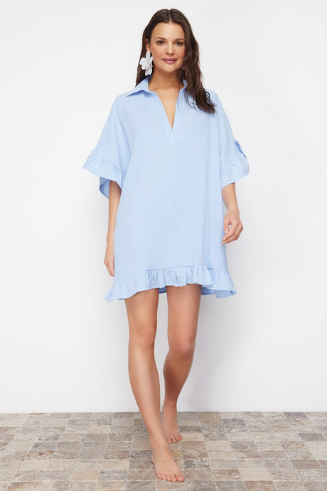 Blue Mini Woven Ruffle Beach Dress Tbess24el00115