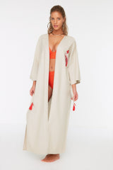 Red Lobster Embroidered Linen Beach Kimono&beach Kaftan Tbess20km0051