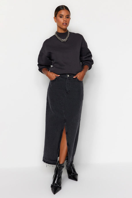 Dark Blue Slit Maxi Denim Skirt Twoss23et00289