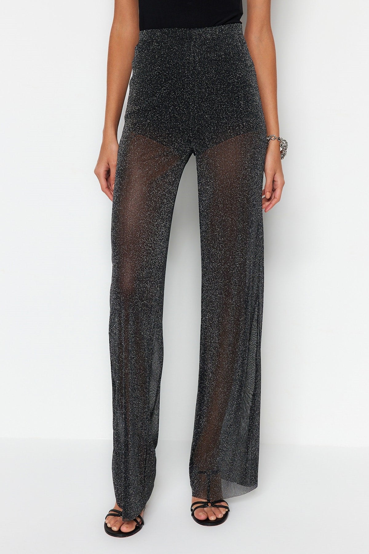 Black Loose Leg Lined Glitter Mesh Pants Tprss23pl00036