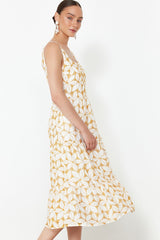 Yellow V-neck Midi Woven Floral Embroidery Dress Twoss24el00796