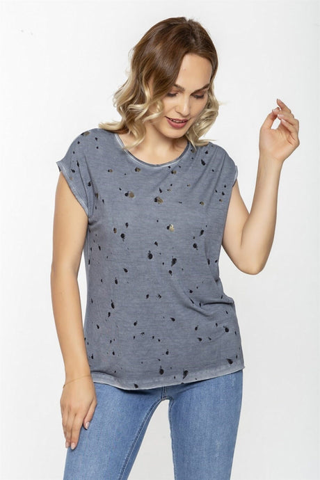 Spade Print Back Lace Oil Wash T-shirt-misty Fog Pra-1668864-905768