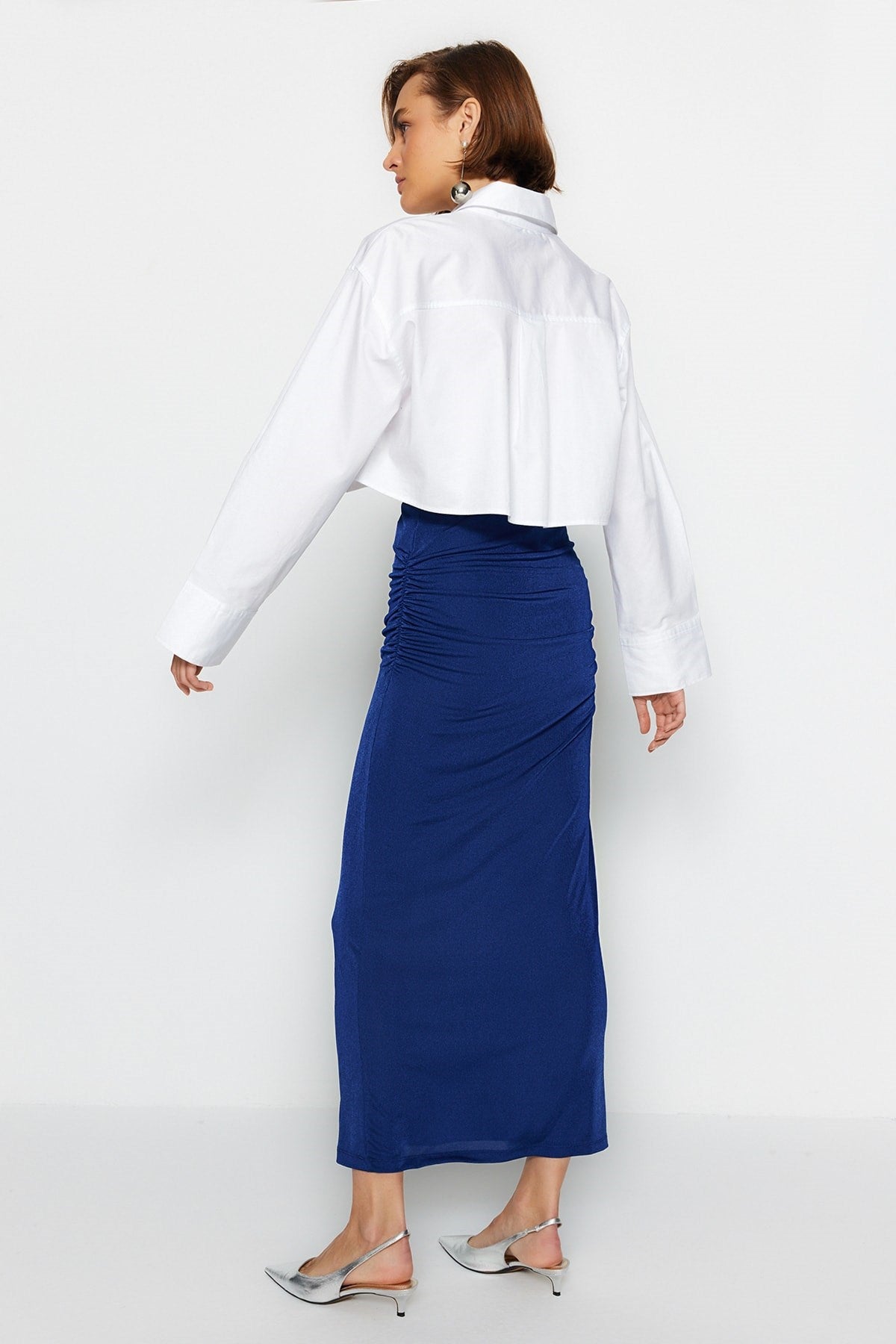 Navy Blue Premium Shiny Finish And Soft Textured Draped Maxi Knit Skirt Twoaw24et00090